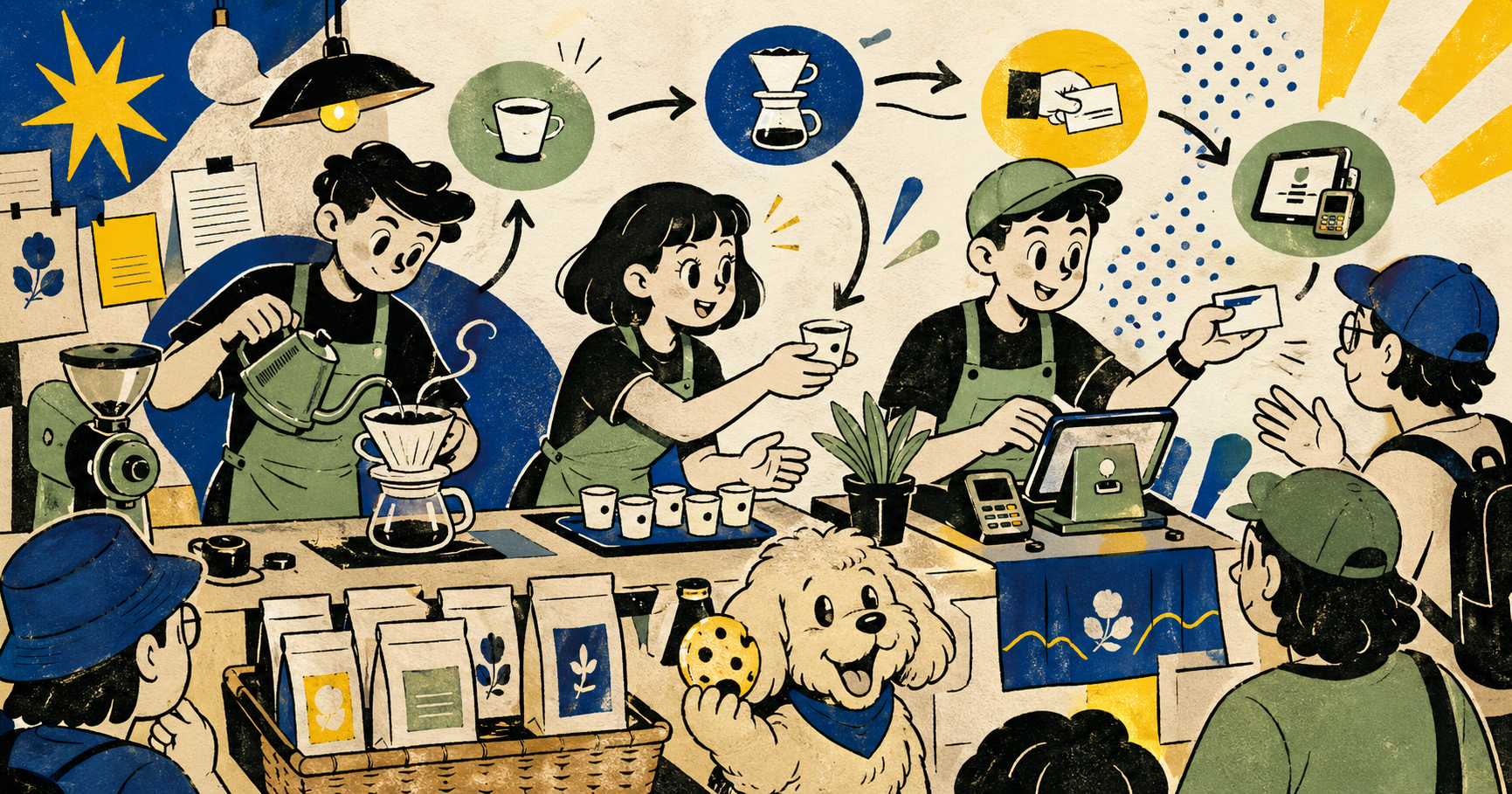 Leaven Coffee Expo 2026 三人攤位插畫：一人手沖、一人接待客人、一人整理 B2B 名片與產品，Kona 在旁邊偷看餅乾。