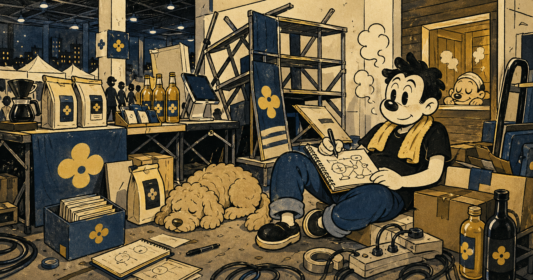 Leaven Coffee Expo 2026 撤場插畫：折好的貨架、箱子、iPad、刷卡機、名片盒、剩餘庫存與正在寫筆記的 Jack。