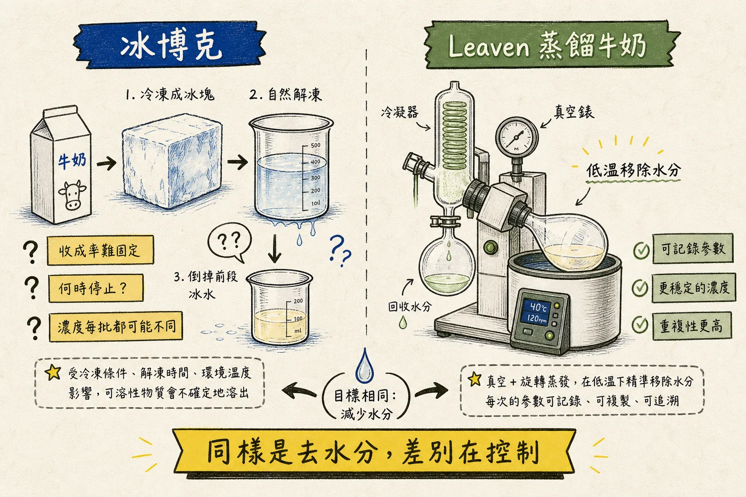 冰博克與 Leaven 蒸餾牛奶在濃度控制上的差異圖解