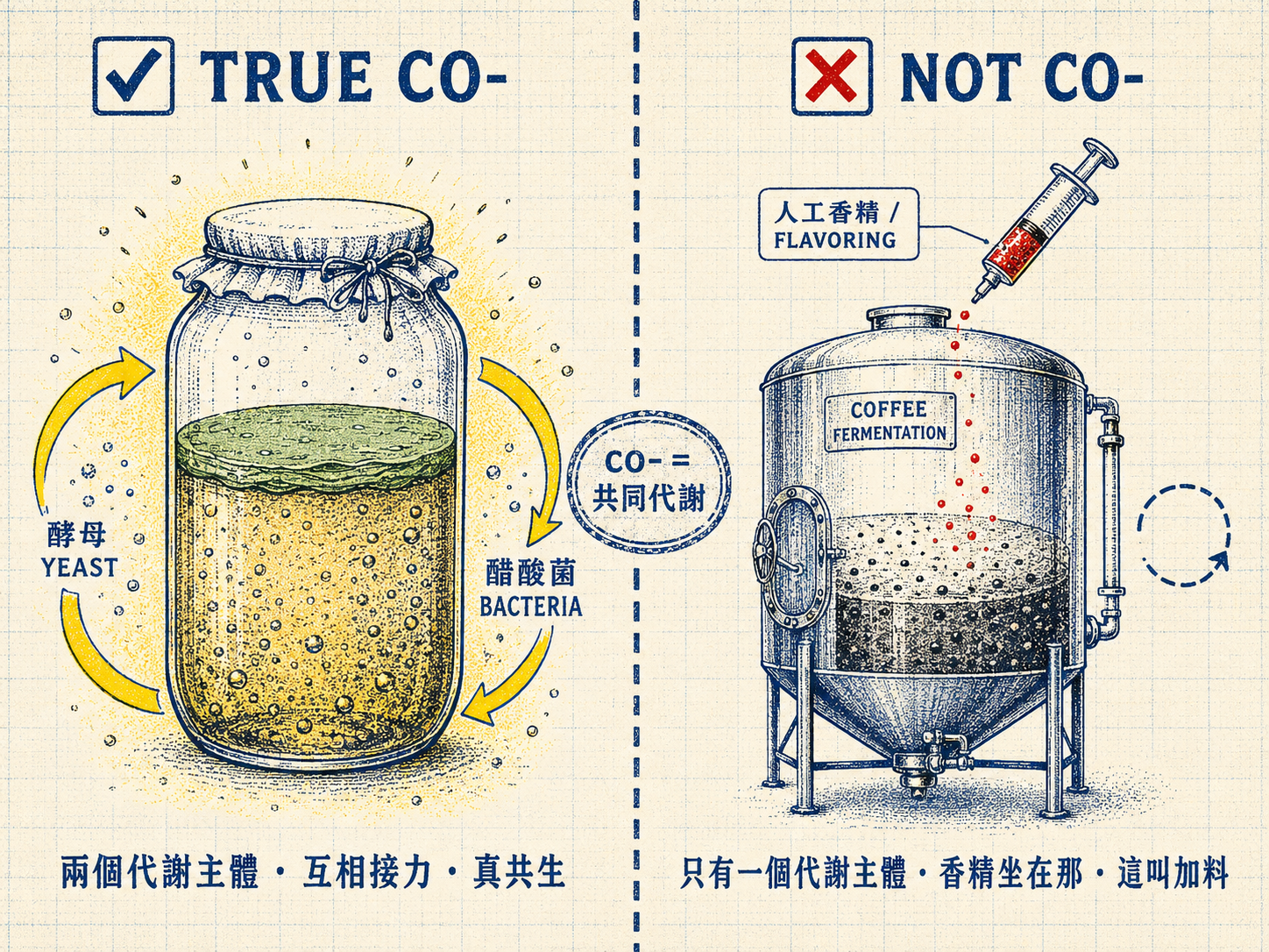 共發酵 vs 不共發酵的科學對照圖:左邊是真共發酵(康普茶 SCOBY,兩種微生物互相接力),右邊是加料(人工香精被注入發酵槽,沒有代謝活動)