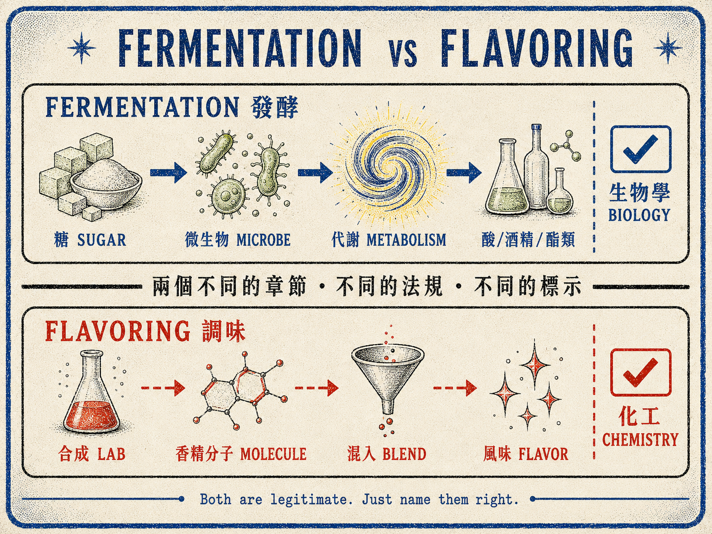 發酵 vs 調味的兩條路徑對照圖:發酵是糖+微生物+代謝→酸/酒精/酯類(生物學);調味是合成+香精分子+混入→風味(化工)。兩者都合法,但應該分開命名。