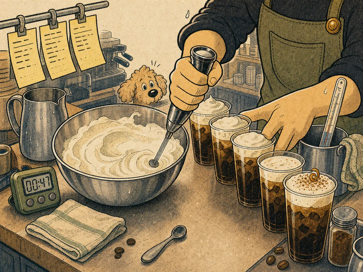 週末尖峰時段的 Leaven 吧台，桌上有多杯 Mont Blanc 訂單、打發中的動物鮮奶油、溫度計、便條紙與擁擠的出杯動線，畫面呈現手打 cream top 的營運壓力