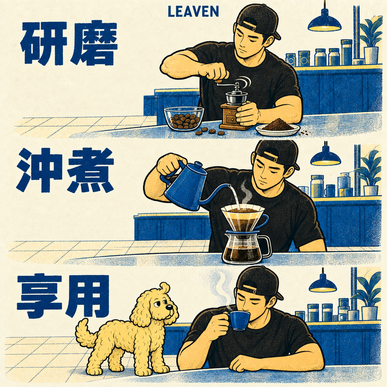 Jack 示範手沖、Kona 在旁觀察的流程插畫示意。