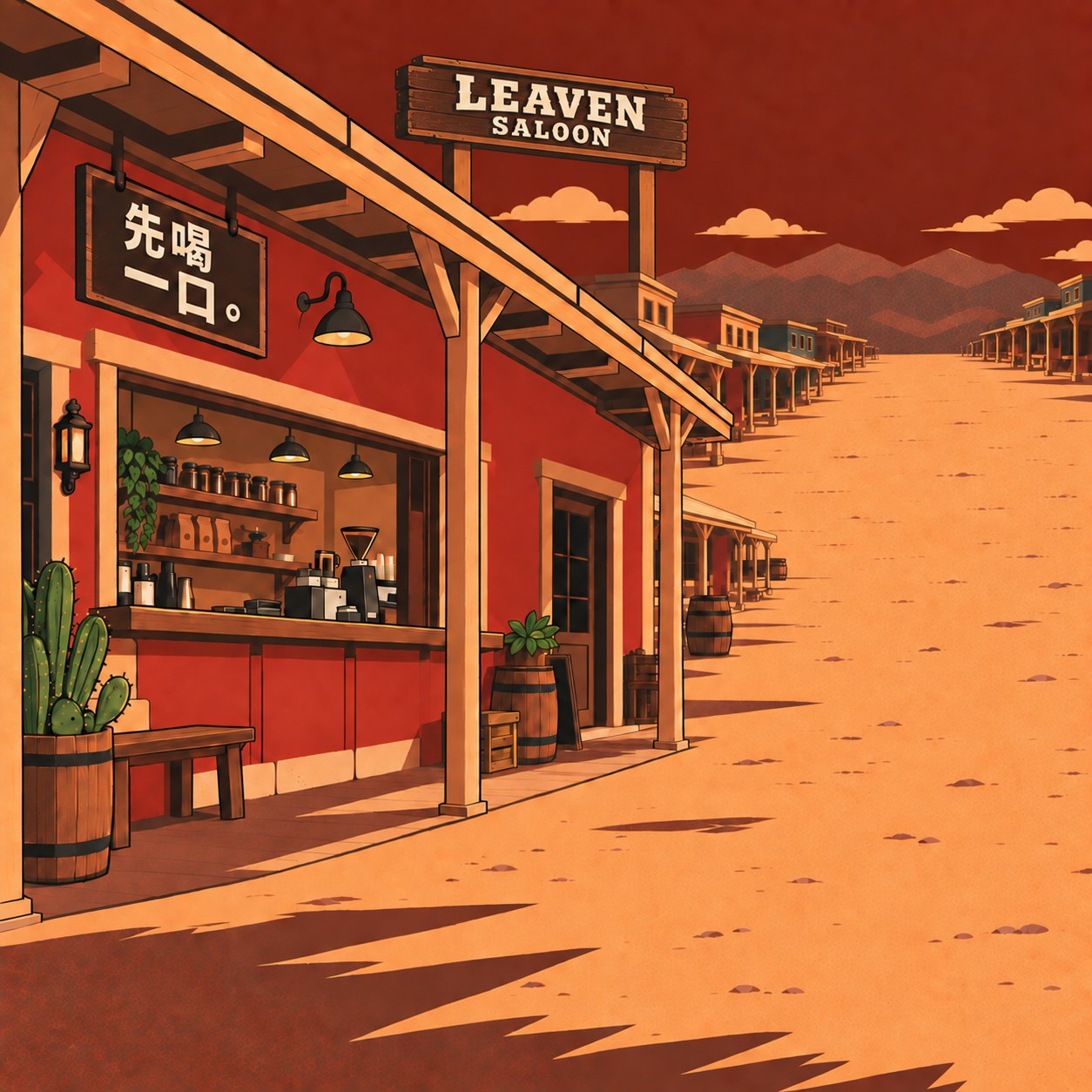 Leaven Saloon左牆布景設計，咖啡吧、木棚檐與西部街道