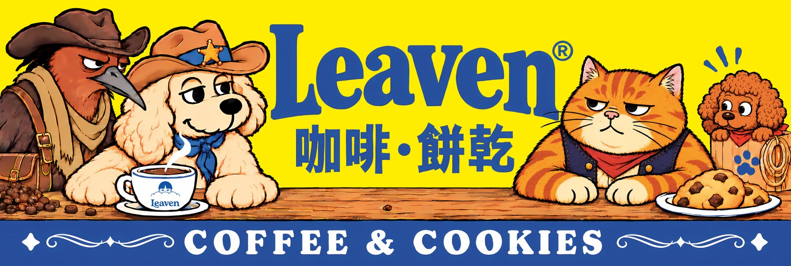 樂坊已採用的西部門頭設計，黃藍Leaven招牌與四個品牌角色
