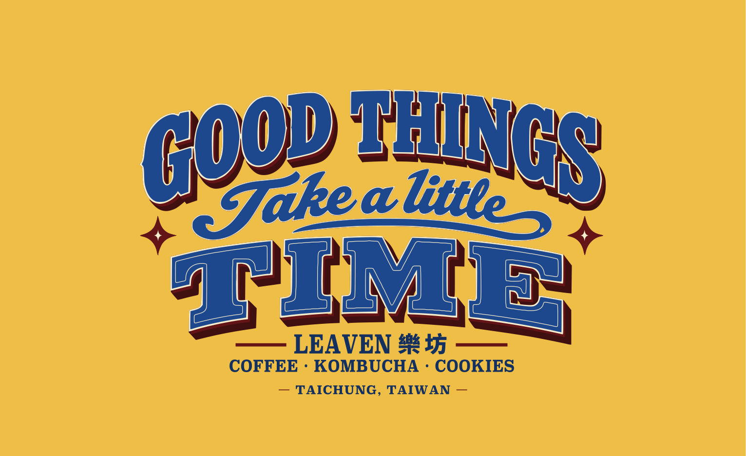 提袋 A 面設計圖：黃底西部招牌字 GOOD THINGS Take a little TIME，下方為 LEAVEN 樂坊