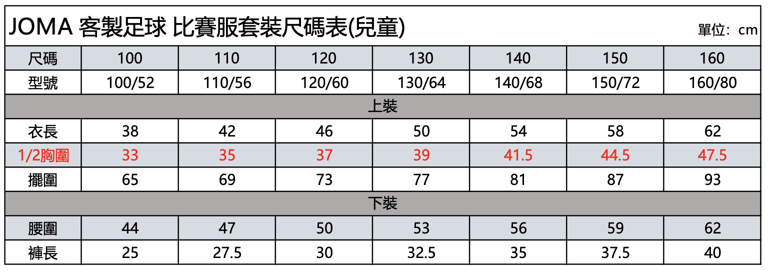 足球服套裝-兒童尺碼表