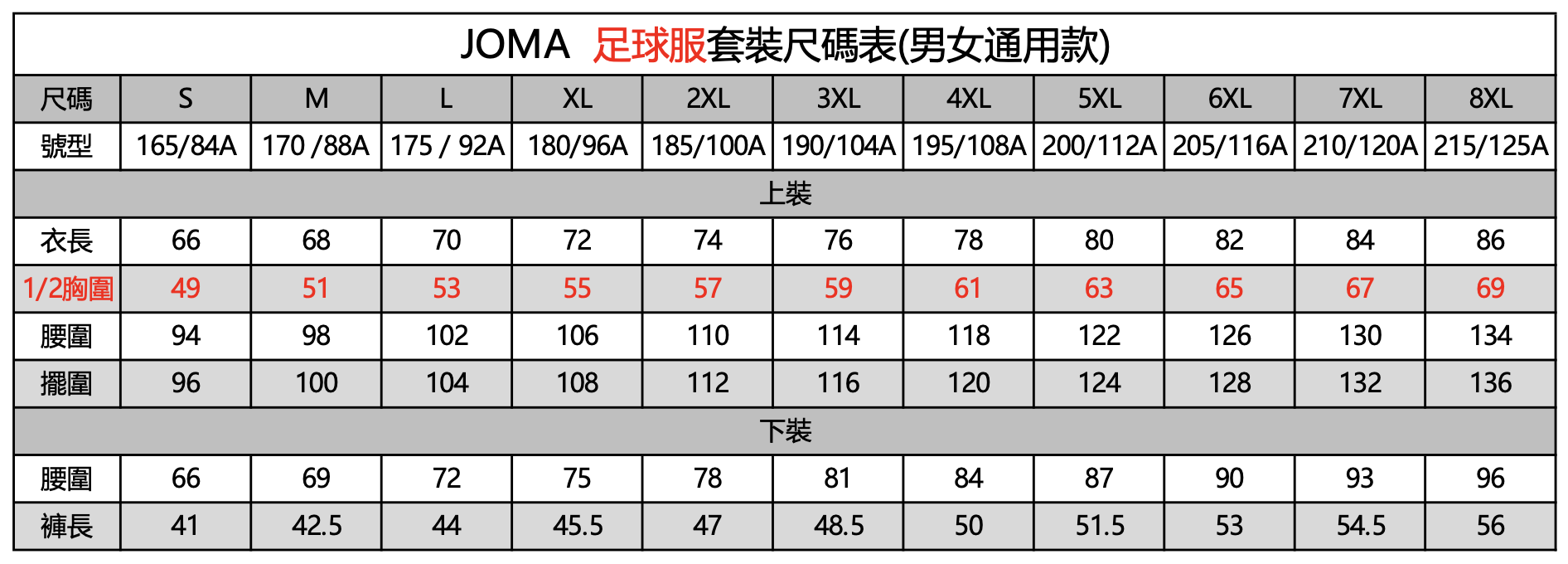 足球套裝尺碼表-成人