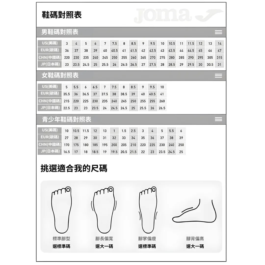 鞋款尺碼表
