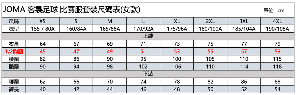 足球服套裝-女款尺碼表