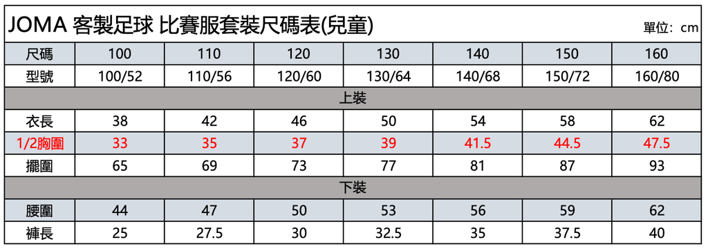 足球服套裝-兒童尺碼表
