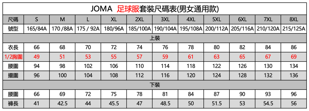 足球套裝尺碼表-成人