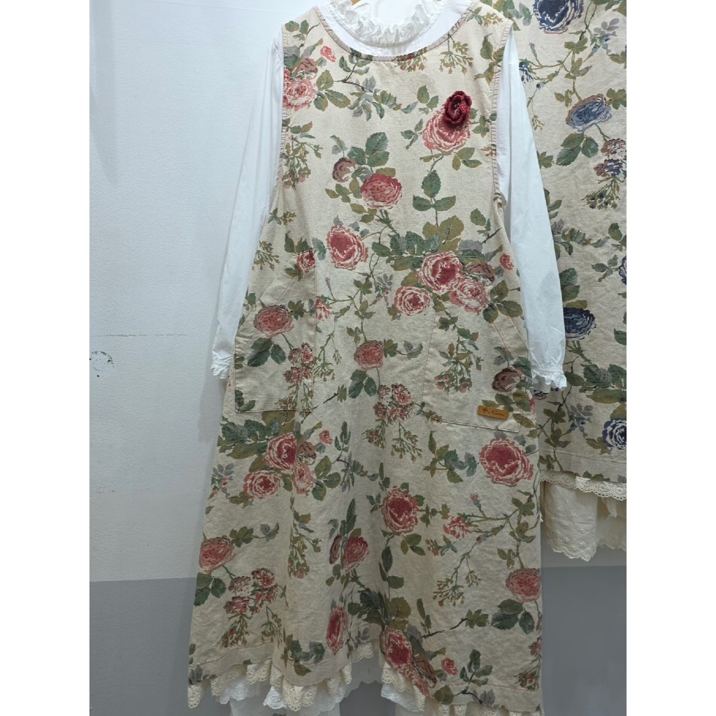 兩口袋貼皮腰蝴蝶結花背洋