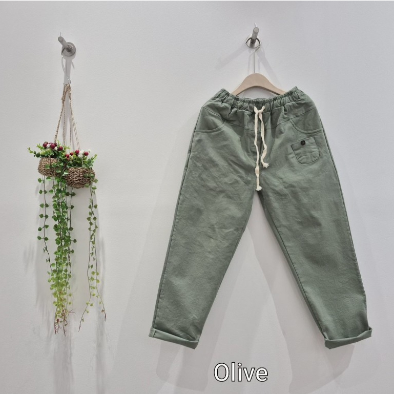 一小口袋一釦腰綁褲