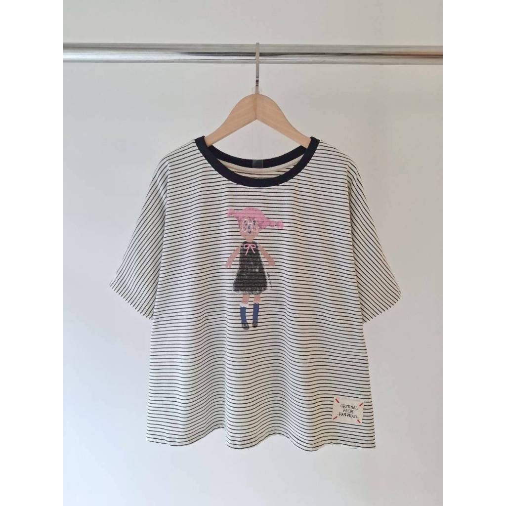 領滾邊女孩橫條T