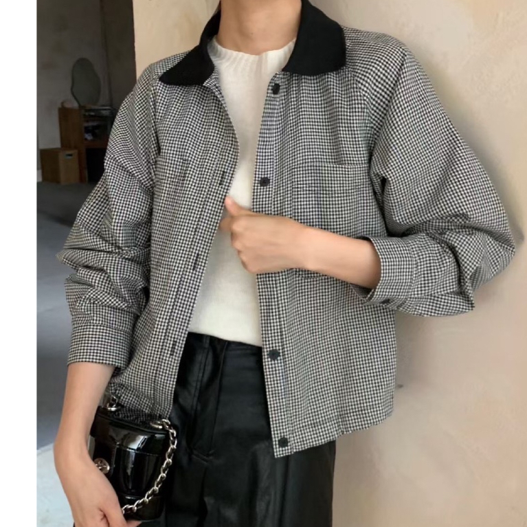 領配色胸二口袋下束細格外