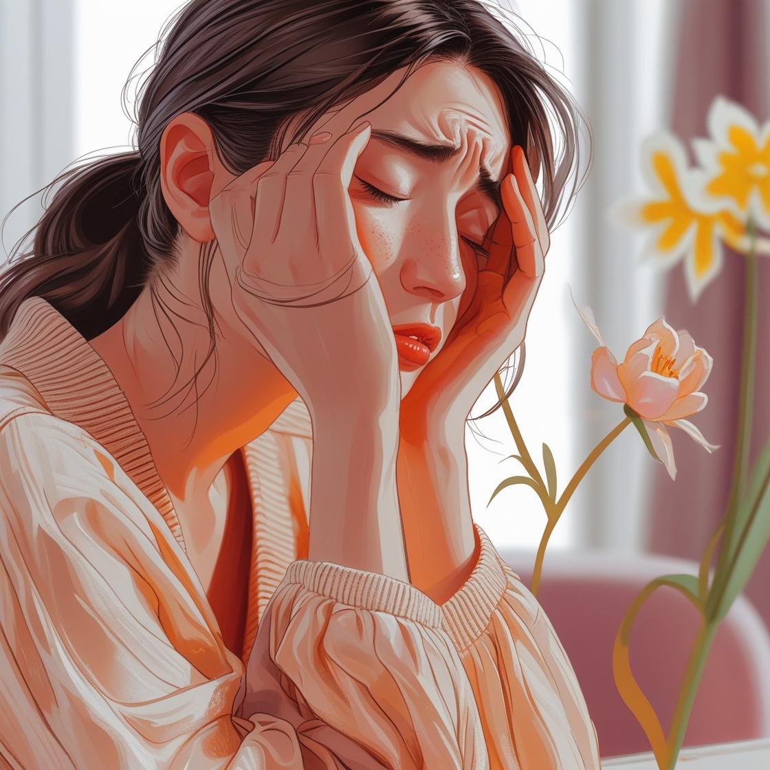 A detailed illustration in a vibrant, artistic style depicting a person gently touching a delicate flower, showcasing a moment of serene connection and heightened sensory awareness.  The composition should be creati