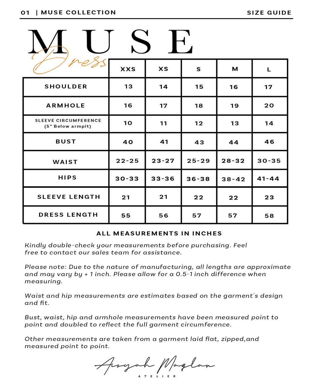 Muse dress sizing chartUpdated