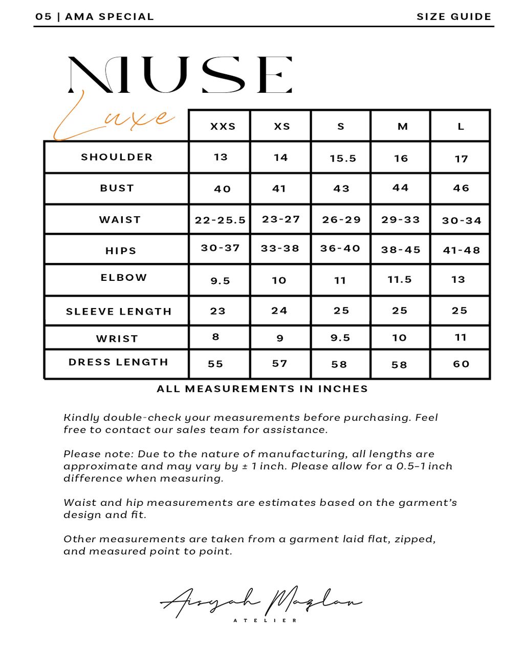 Finalised size chart Muse Luxe