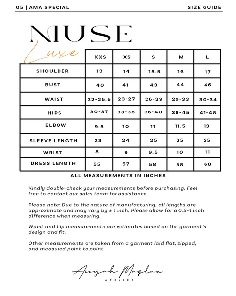Finalised size chart Muse Luxe