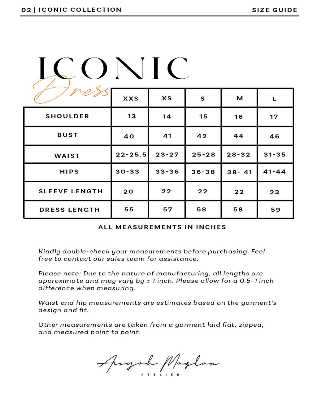 ICONIC DRESS SIZE CHART Updated