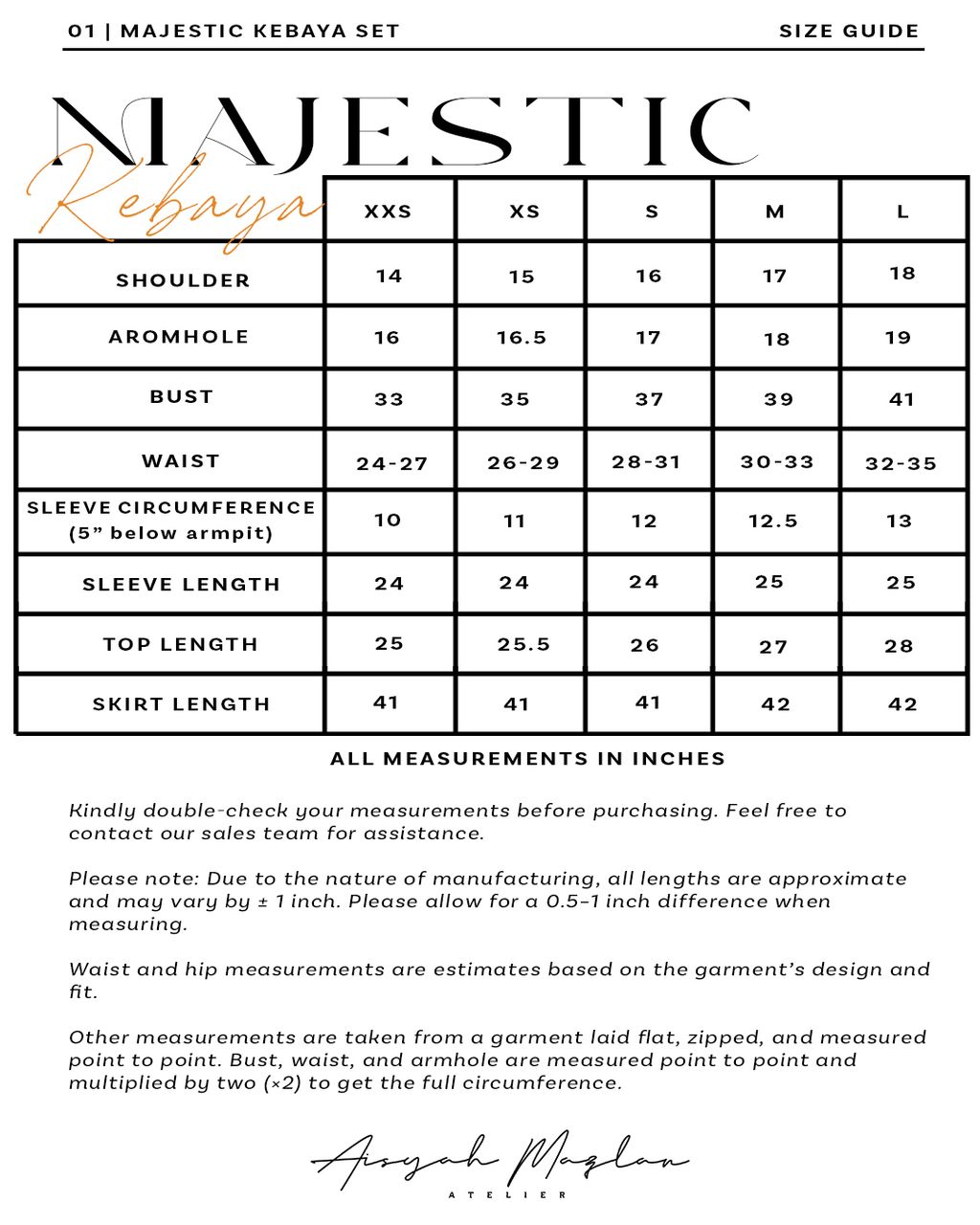 MAJESTIC KEBAYA SET SIZE CHART