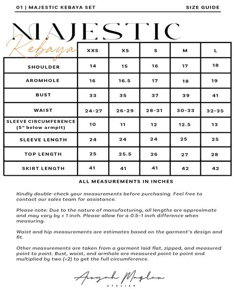 MAJESTIC KEBAYA SET SIZE CHART