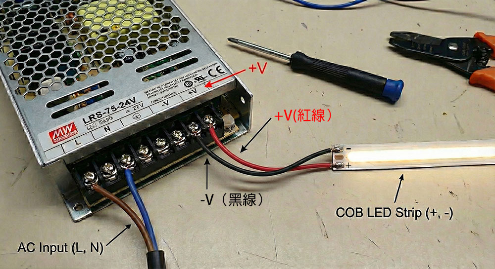 how-to-wire-led-cob-strip-meanwell-psu