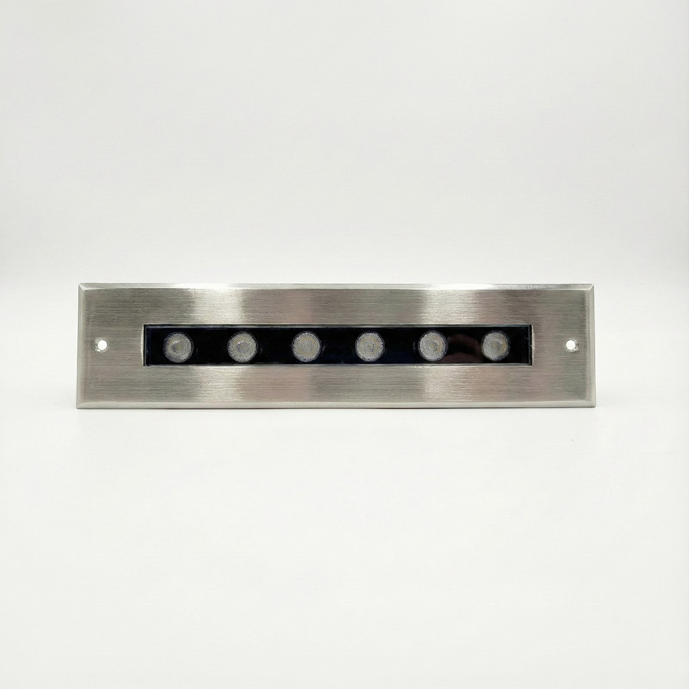 DC24V 不鏽鋼長方形 LED 埋地燈,6顆燈珠,拉絲金屬面板,戶外防水地燈正面圖