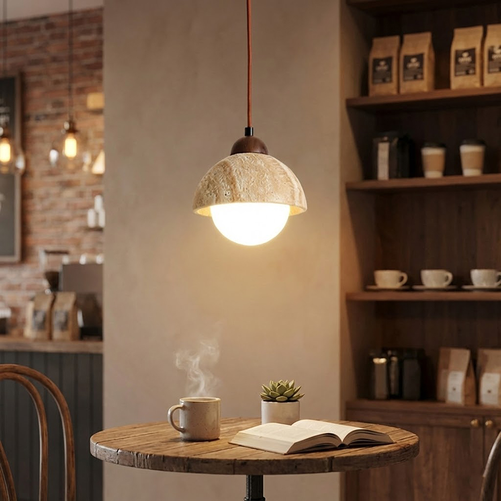 商業空間照明設計，懸掛於咖啡廳吧台上的黃洞石質感吊燈，散發溫暖黃光，適合工業風與復古裝潢。
