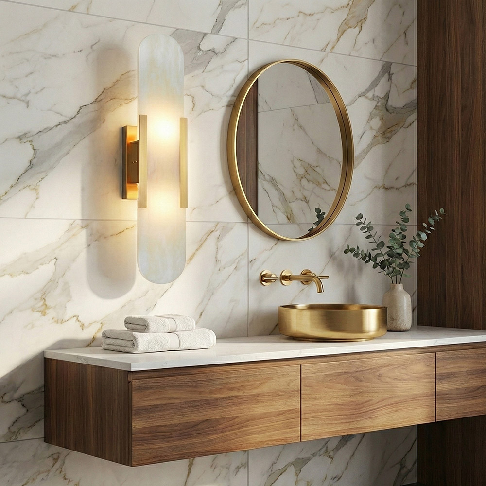 Bathroom vanity lighting, vertical marble wall lamp beside round mirror