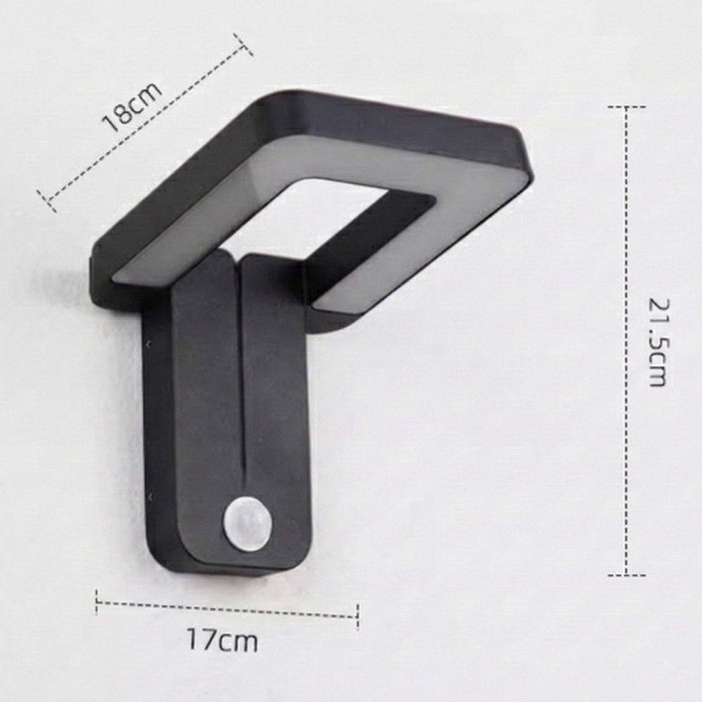 戶外LED壁燈尺寸規格圖，寬18公分、高21.5公分、離牆17公分