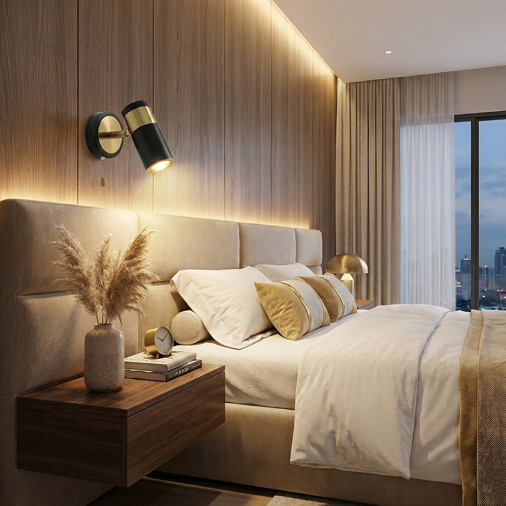 北歐風臥室床頭設計，安裝黑金配色拉線壁燈作為閱讀燈，營造溫馨暖光氛圍