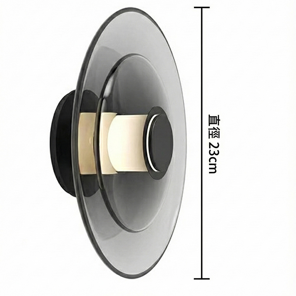 黑色底座煙燻灰玻璃圓形壁燈側面特寫與尺寸標示，現代極簡風格燈具結構圖