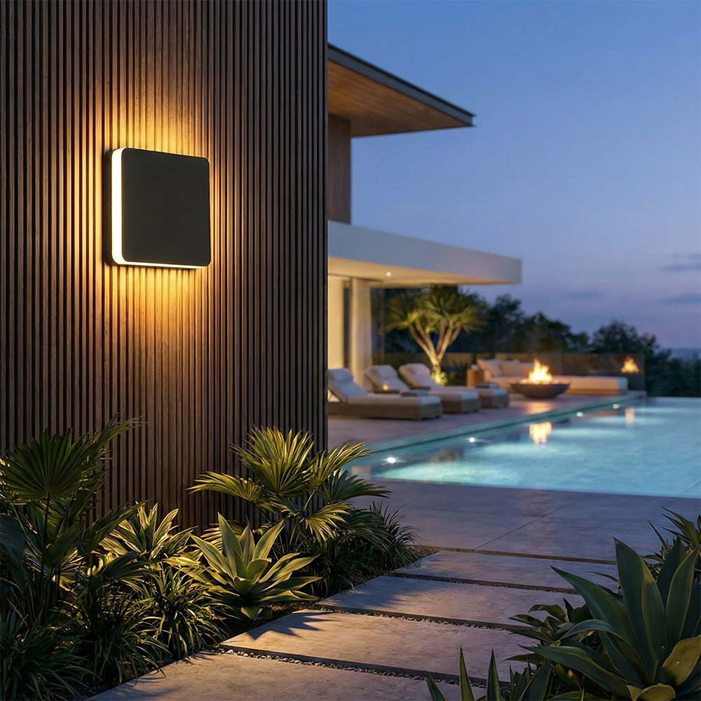安裝於木質外牆上的現代黑色方型 LED 戶外壁燈，在黃昏時分為豪宅泳池畔提供溫暖的間接照明