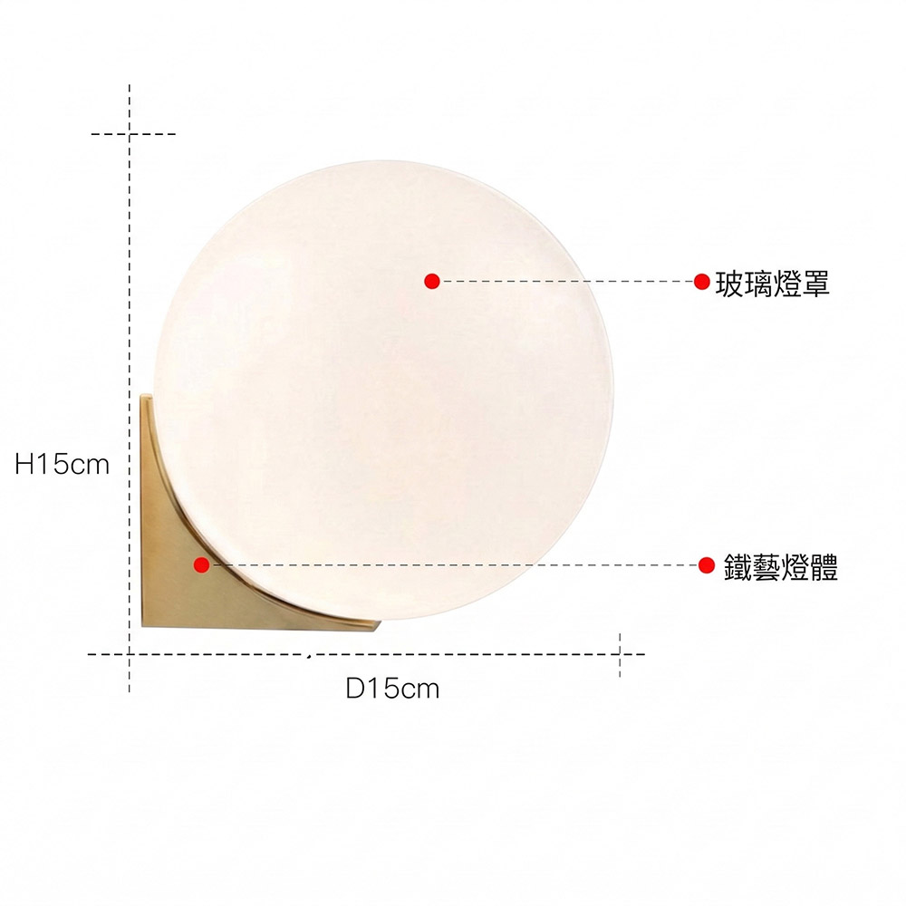 北歐圓球壁燈尺寸圖，15cm 玻璃燈罩與鐵藝燈體規格說明