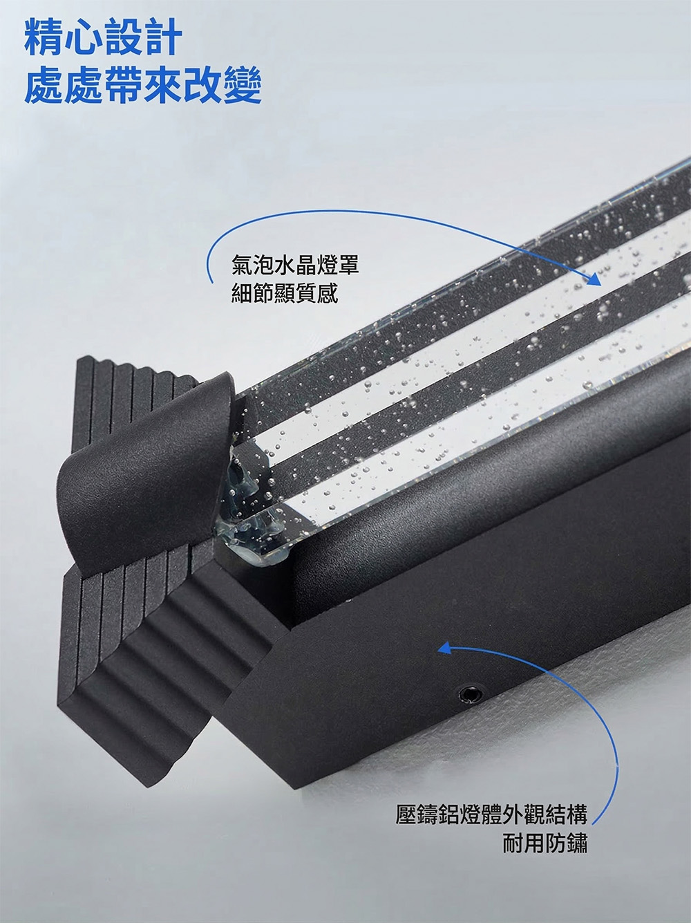 氣泡水晶燈罩細節-壓鑄鋁防鏽燈體結構近拍