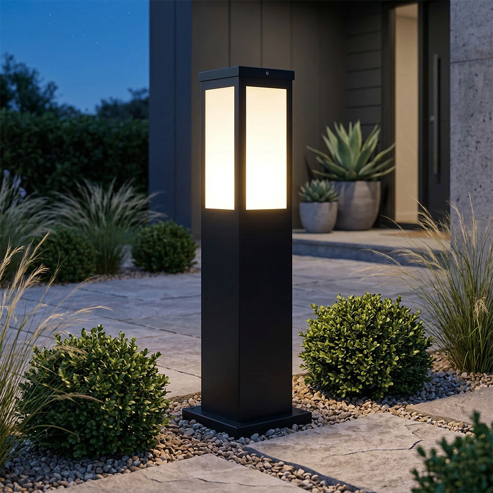 別墅庭院花園步道安裝實景-方形景觀矮柱燈照明效果