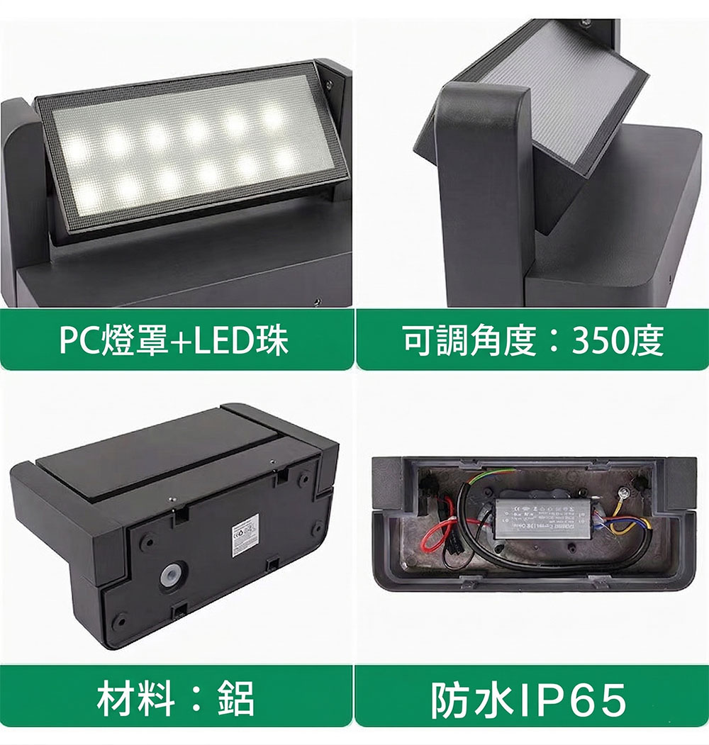 戶外壁燈規格:PC燈罩、LED燈珠、350度旋轉、鋁材、IP65防水結構
