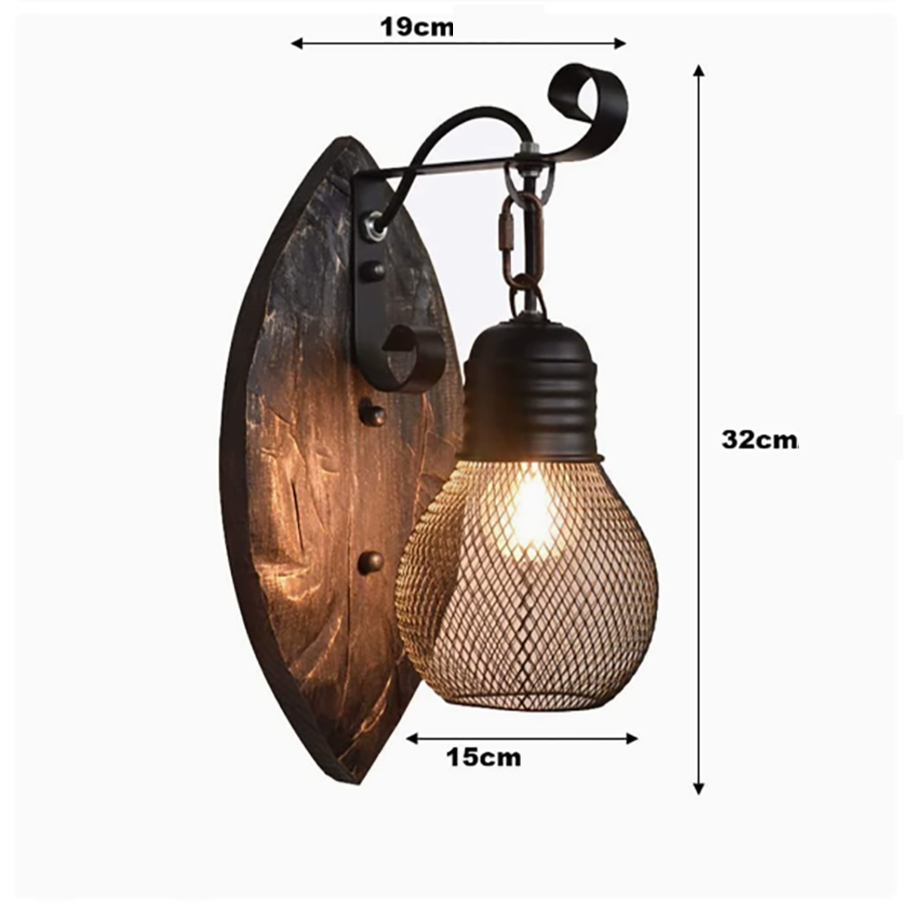 工業風木質壁燈規格尺寸圖，高32cm寬15cm深19cm，復古鐵藝燈具細節
