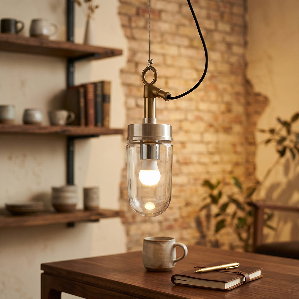 木質書桌與書架場景中的玻璃吊燈，營造溫馨文青咖啡廳風格室內設計