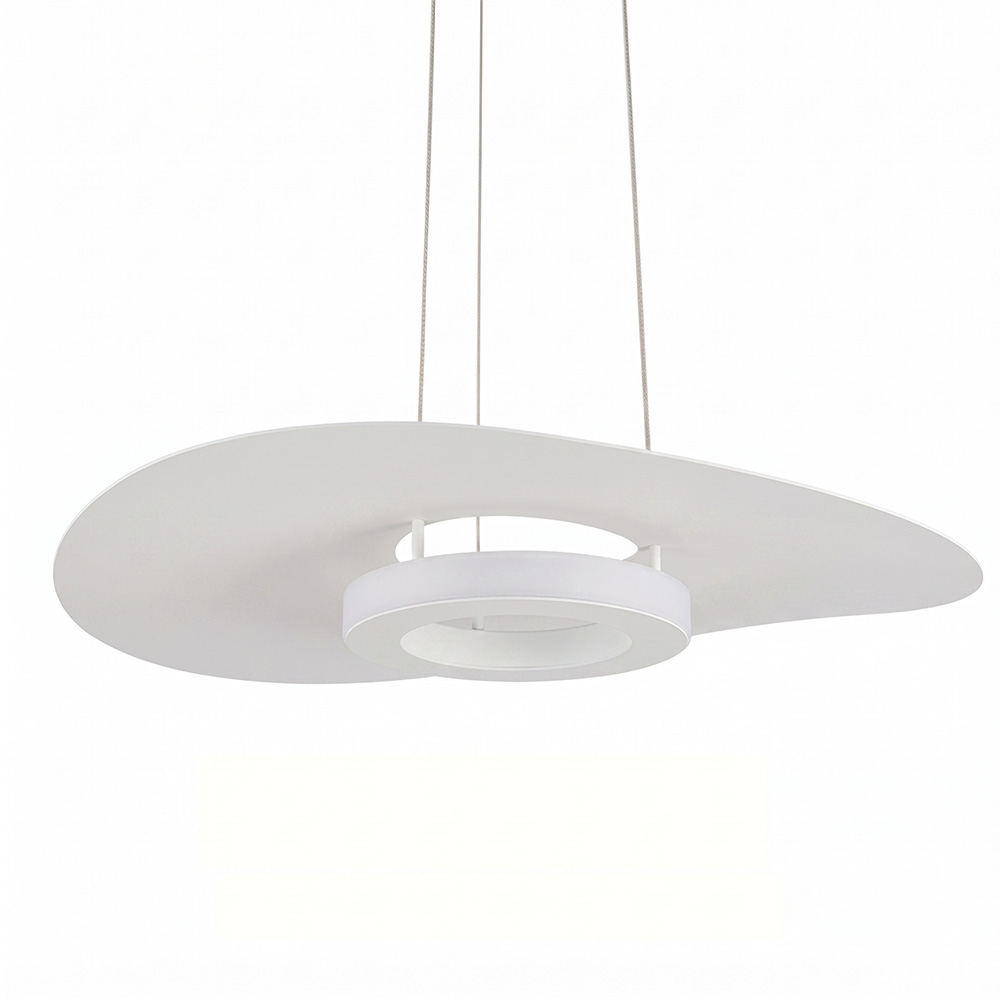 白色極簡異形 LED 吊燈側面特寫，流暢線條設計感燈飾