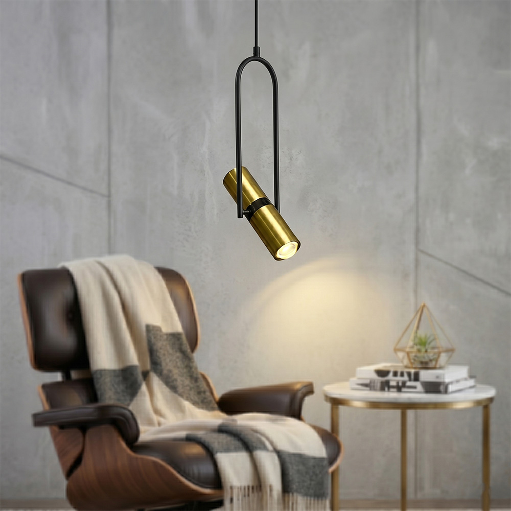 現代輕奢風客廳閱讀燈,金屬圓柱吊燈搭配休閒椅