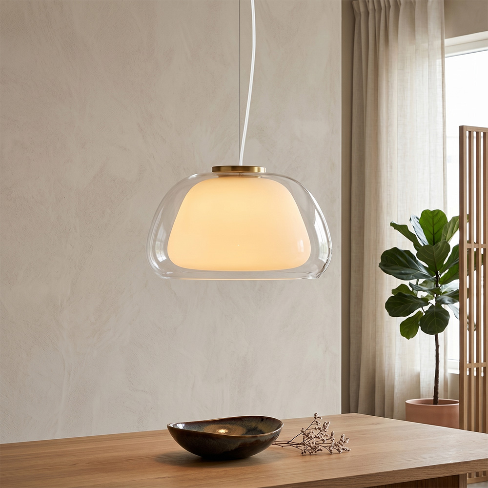 侘寂風雙層玻璃吊燈，北歐簡約餐廳餐桌燈飾設計。