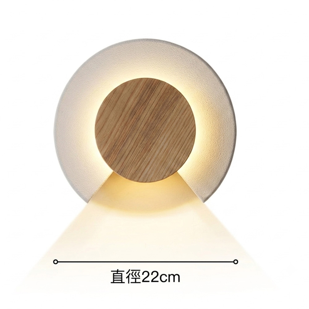 極簡北歐木紋圓形壁燈正視圖與尺寸標註,直徑22cm,具備磨砂外殼與LED間接照明光源