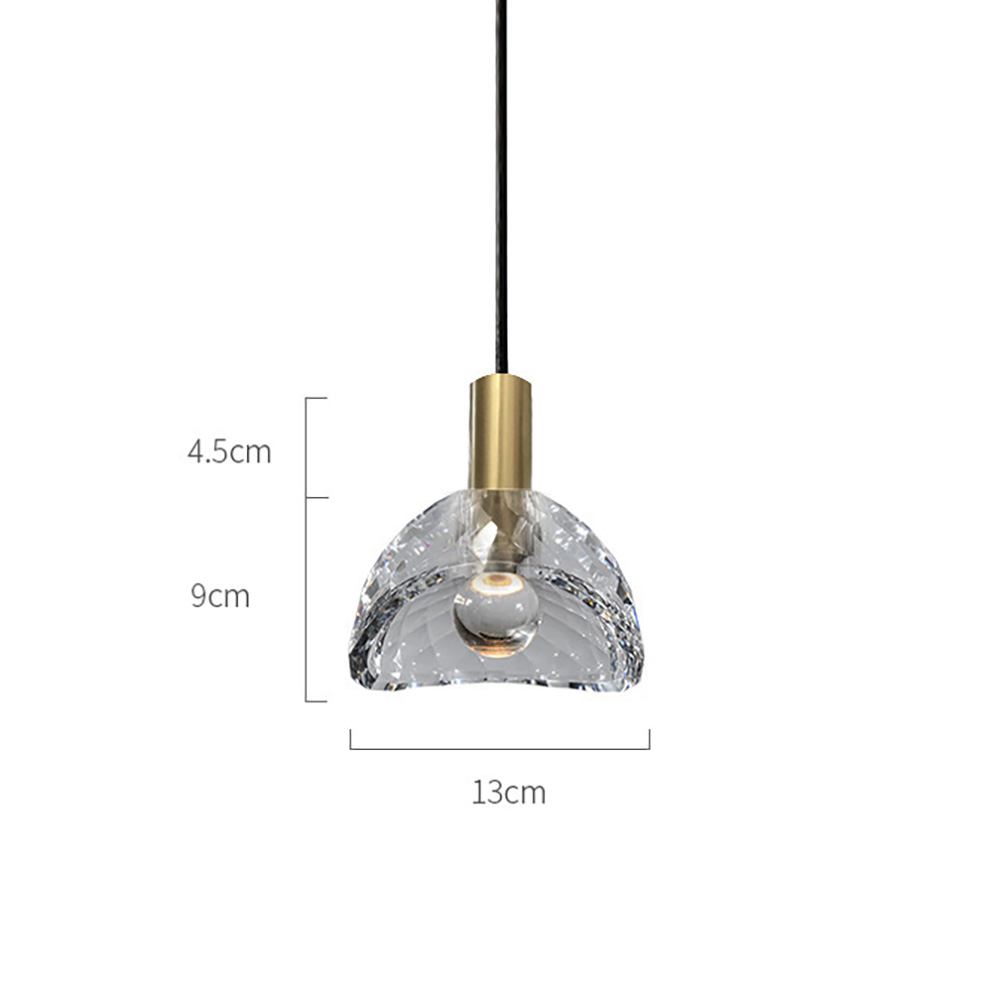 黃銅水晶吊燈尺寸結構圖，標示銅金屬燈頭高4.5cm、水晶燈罩高9cm及總寬13cm之精準規格
