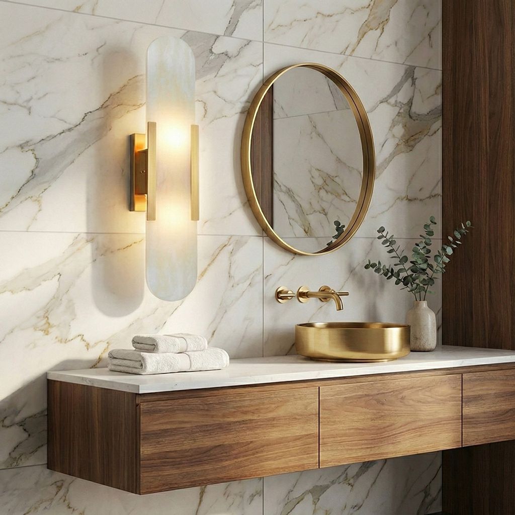 Bathroom vanity lighting, vertical marble wall lamp beside round mirror