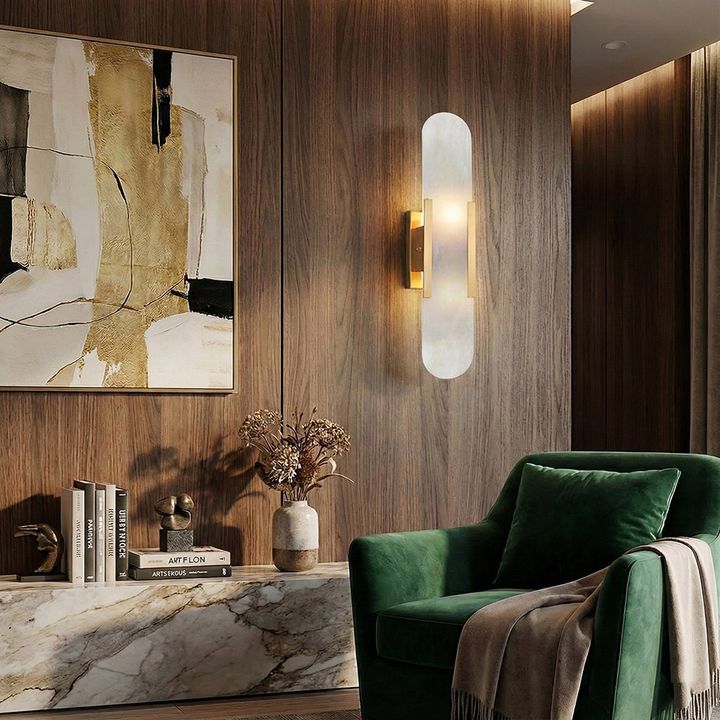 Modern luxury marble wall sconce on dark wood living room wall