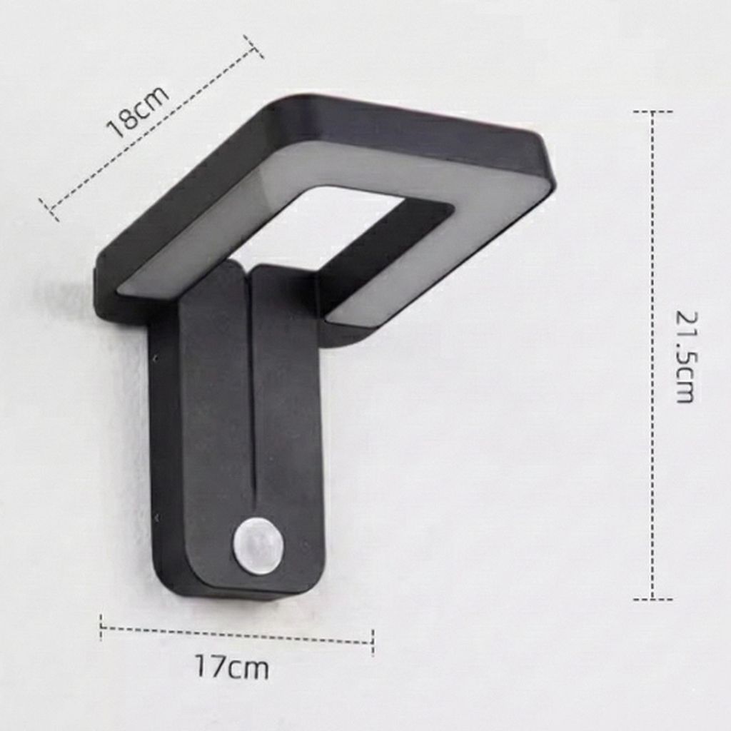 戶外LED壁燈尺寸規格圖，寬18公分、高21.5公分、離牆17公分
