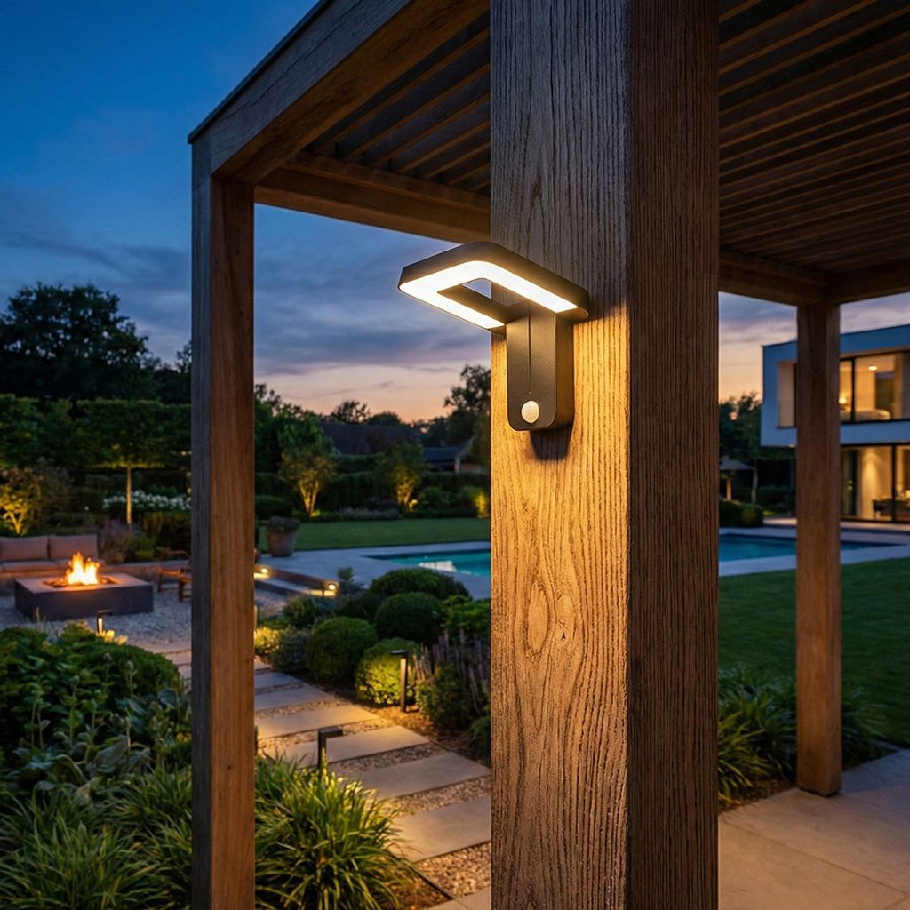 現代黑色方框LED感應壁燈安裝於戶外木柱，黃昏時刻花園庭院照明情境。